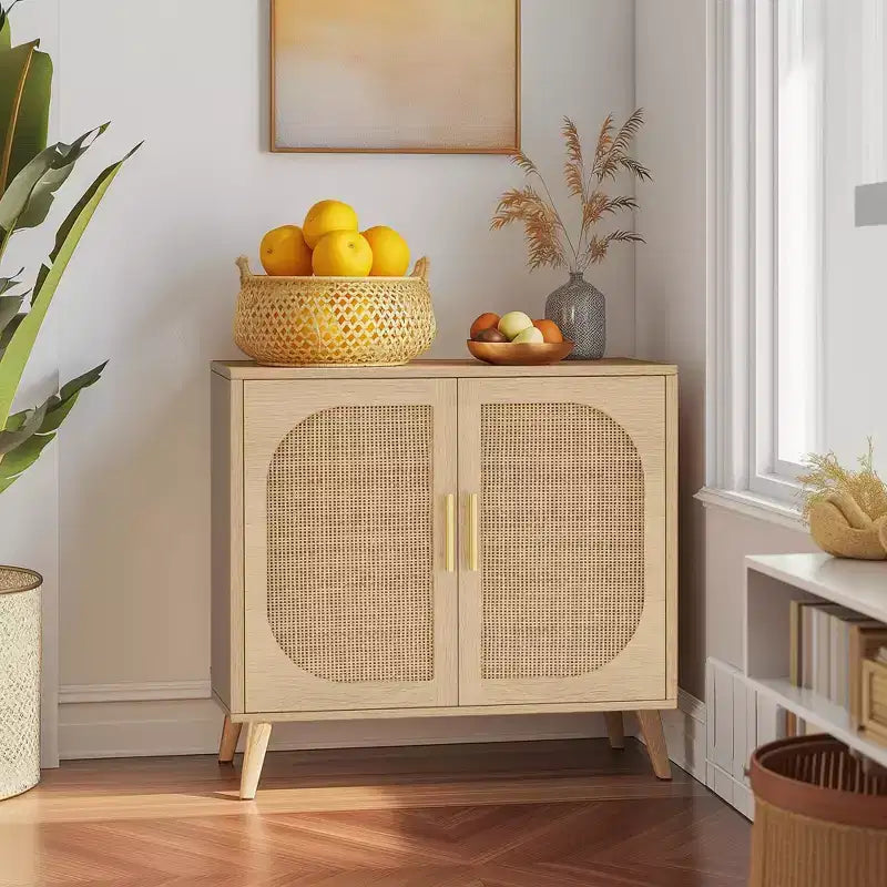 GDFStudio Drusi Wood and Rattan 2-Door Sideboard Cabinet with Storage Shelves