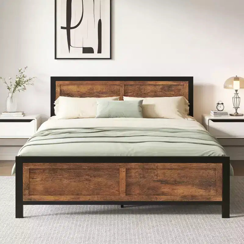 Dyonery Queen Bed Frame with 4 Storage Drawers,Metal Platform Bed with Wood Headboard & Footboard, No Box Spring Needed,Noise Free, Easy Assembly