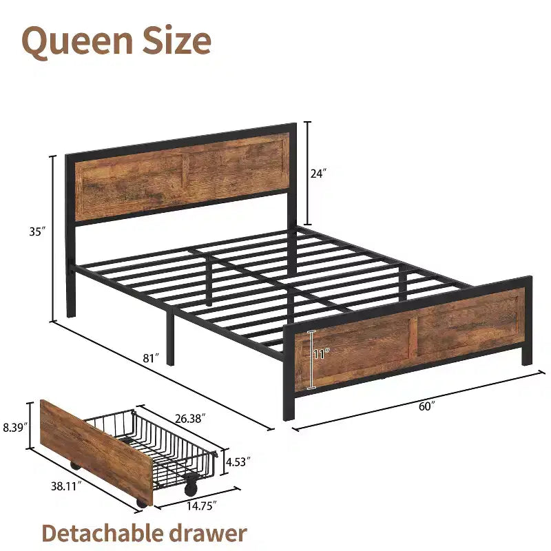 Dyonery Queen Bed Frame with 4 Storage Drawers,Metal Platform Bed with Wood Headboard & Footboard, No Box Spring Needed,Noise Free, Easy Assembly