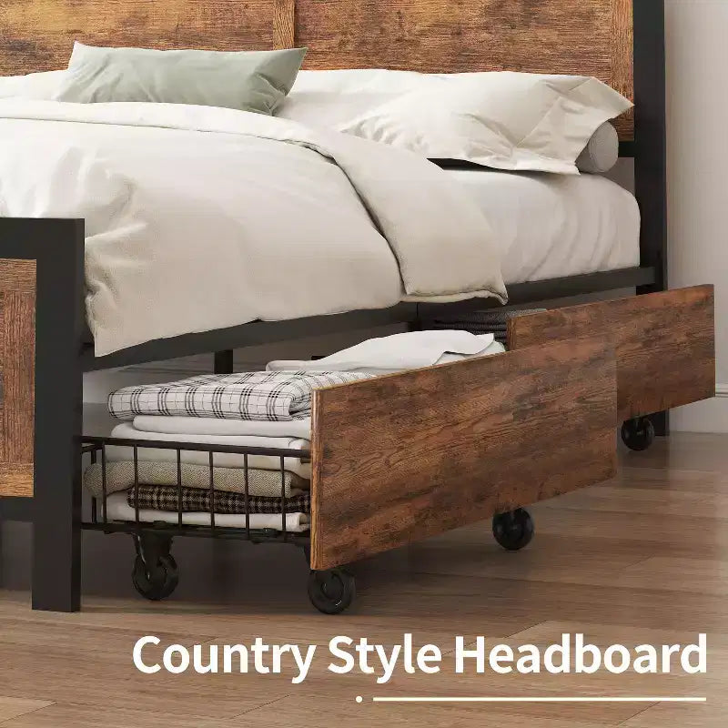 Dyonery Queen Bed Frame with 4 Storage Drawers,Metal Platform Bed with Wood Headboard & Footboard, No Box Spring Needed,Noise Free, Easy Assembly