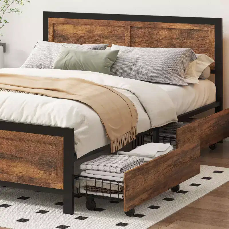 Dyonery Queen Bed Frame with 4 Storage Drawers,Metal Platform Bed with Wood Headboard & Footboard, No Box Spring Needed,Noise Free, Easy Assembly