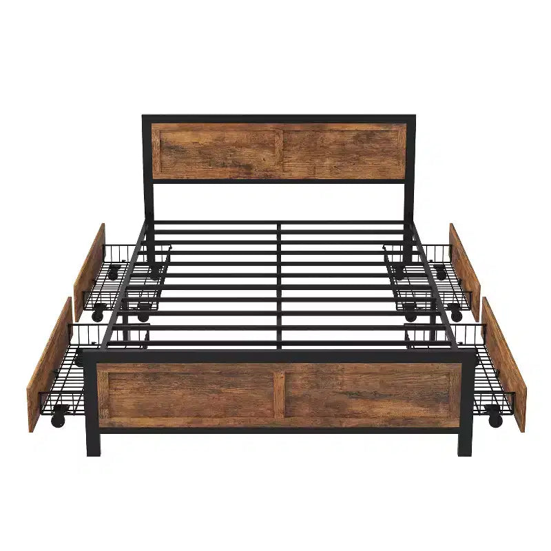 Dyonery Queen Bed Frame with 4 Storage Drawers,Metal Platform Bed with Wood Headboard & Footboard, No Box Spring Needed,Noise Free, Easy Assembly