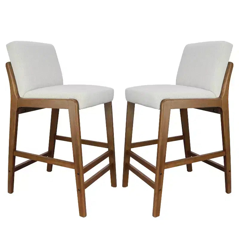 Set of 2 Mid-Century Modern Counter Stools, Rubberwood Bar Stools with Upholstered Backrest, Kitchen Island Chairs - ModernLuxe