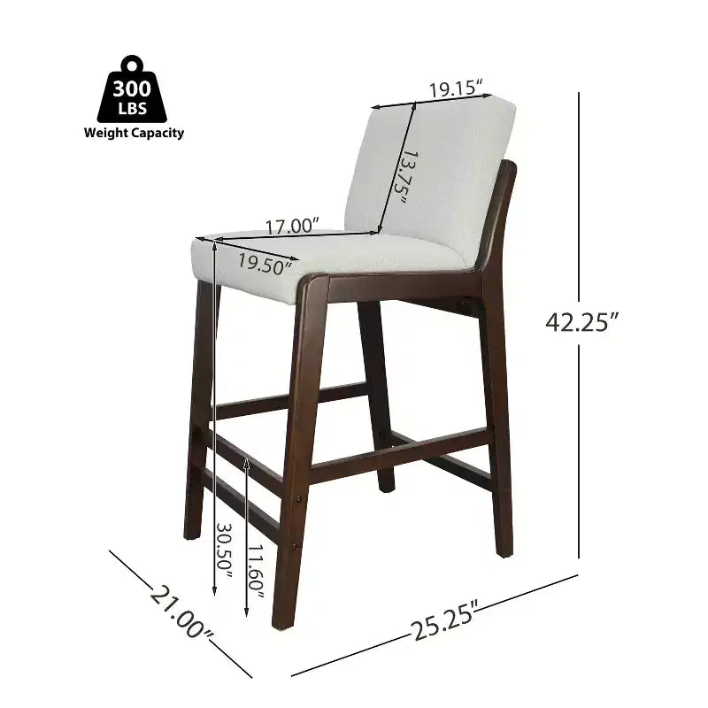 Set of 2 Mid-Century Modern Counter Stools, Rubberwood Bar Stools with Upholstered Backrest, Kitchen Island Chairs - ModernLuxe