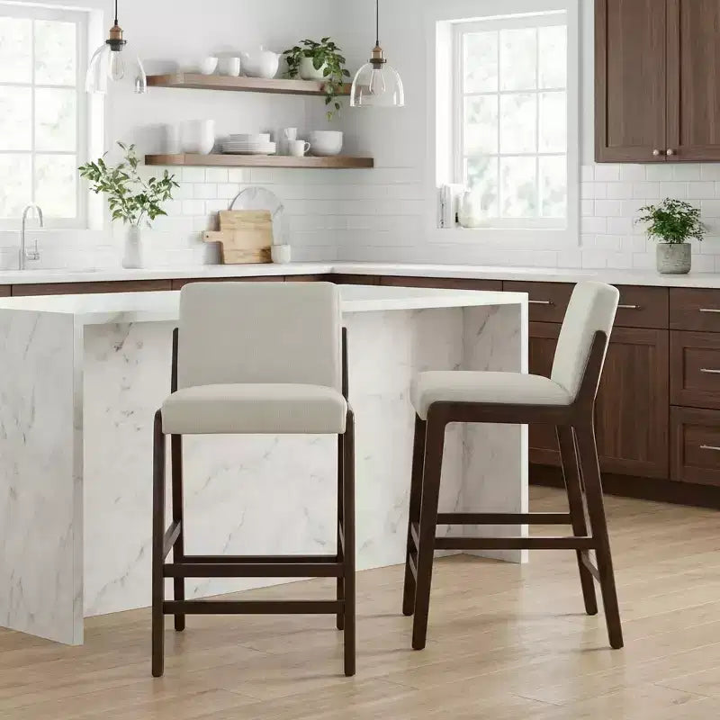 Set of 2 Mid-Century Modern Counter Stools, Rubberwood Bar Stools with Upholstered Backrest, Kitchen Island Chairs - ModernLuxe