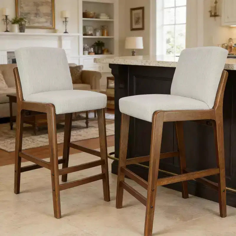 Set of 2 Mid-Century Modern Counter Stools, Rubberwood Bar Stools with Upholstered Backrest, Kitchen Island Chairs - ModernLuxe