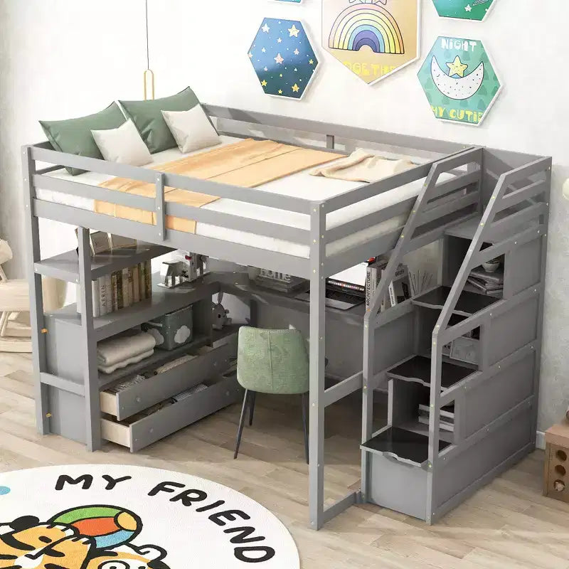 Full Size Loft Bed with Desk, Shelves, Two Built-in Drawers, and Stairs for Storage - ModernLuxe