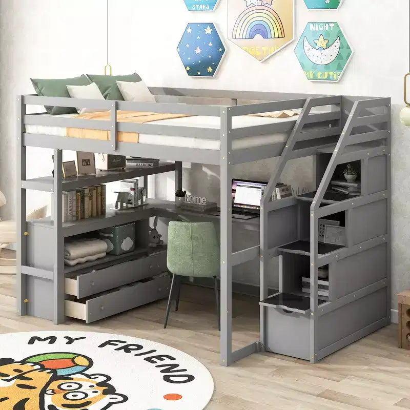 Full Size Loft Bed with Desk, Shelves, Two Built-in Drawers, and Stairs for Storage - ModernLuxe