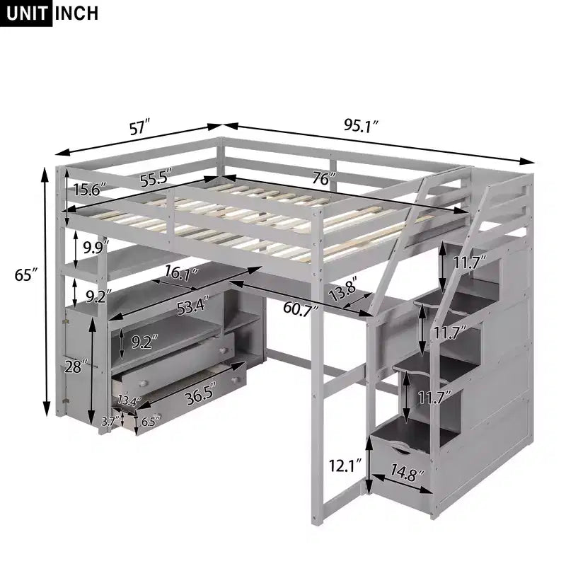 Full Size Loft Bed with Desk, Shelves, Two Built-in Drawers, and Stairs for Storage - ModernLuxe