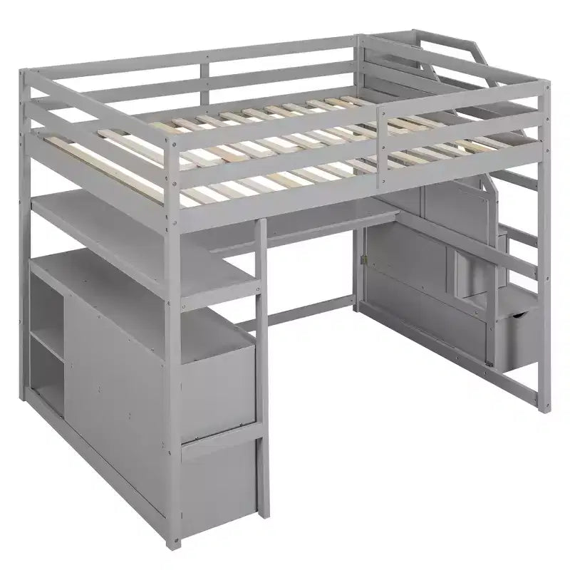 Full Size Loft Bed with Desk, Shelves, Two Built-in Drawers, and Stairs for Storage - ModernLuxe