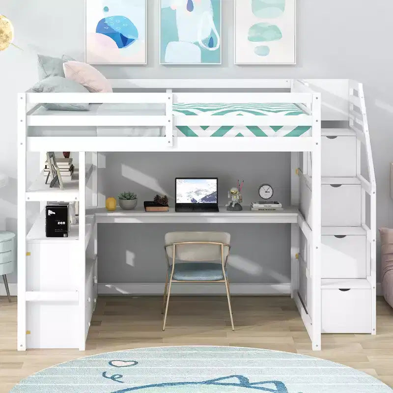 Full Size Loft Bed with Desk, Shelves, Two Built-in Drawers, and Stairs for Storage - ModernLuxe