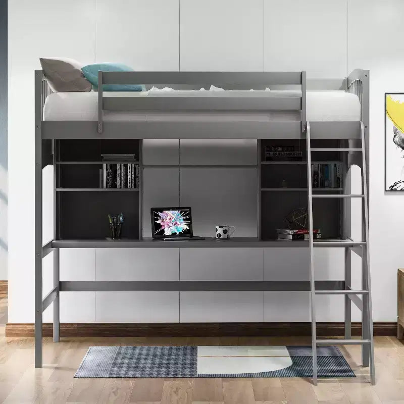 Twin size Loft Bed with Storage Shelves, Desk and Ladder - ModernLuxe