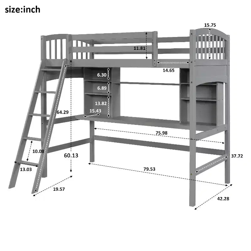 Twin size Loft Bed with Storage Shelves, Desk and Ladder - ModernLuxe