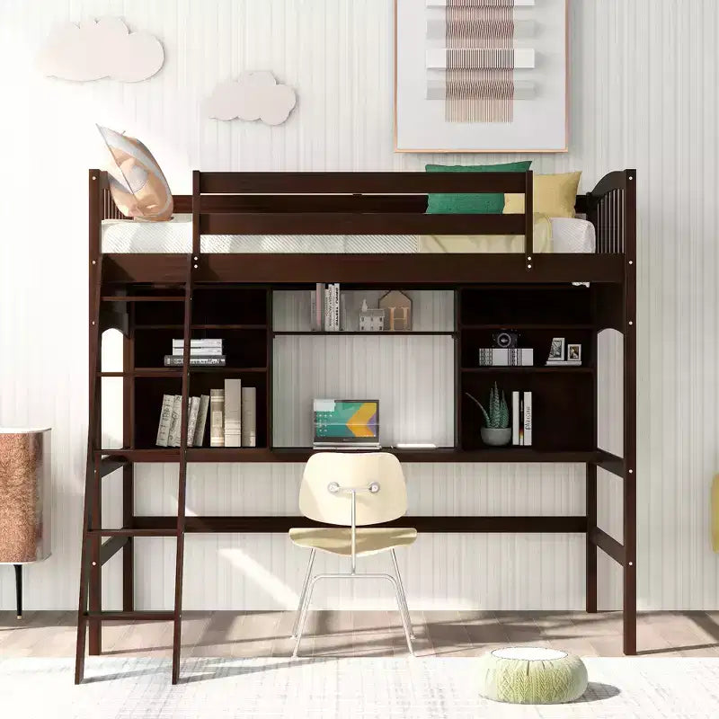 Twin size Loft Bed with Storage Shelves, Desk and Ladder - ModernLuxe