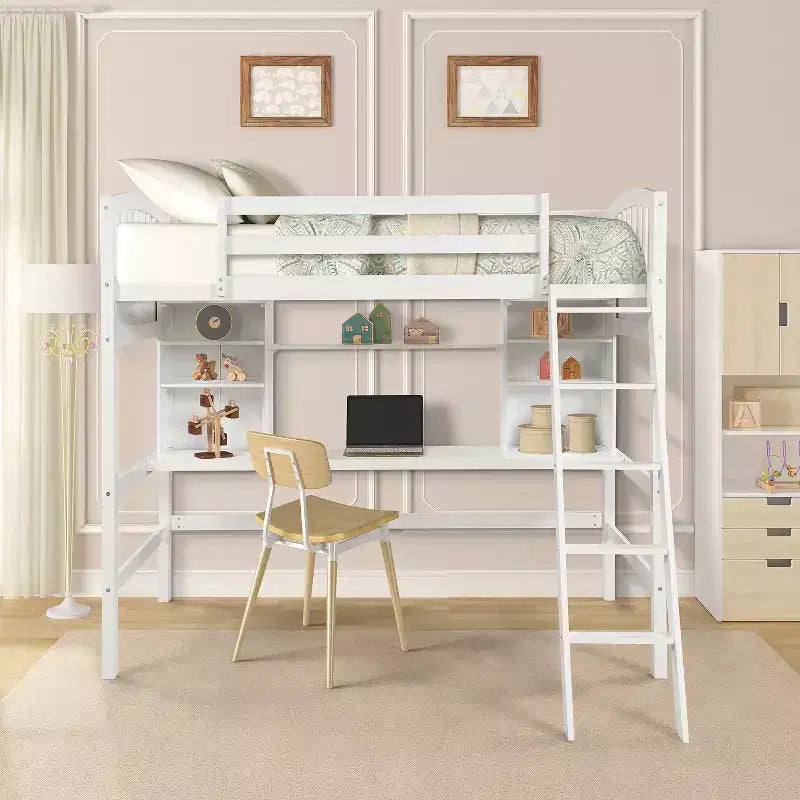 Twin size Loft Bed with Storage Shelves, Desk and Ladder - ModernLuxe