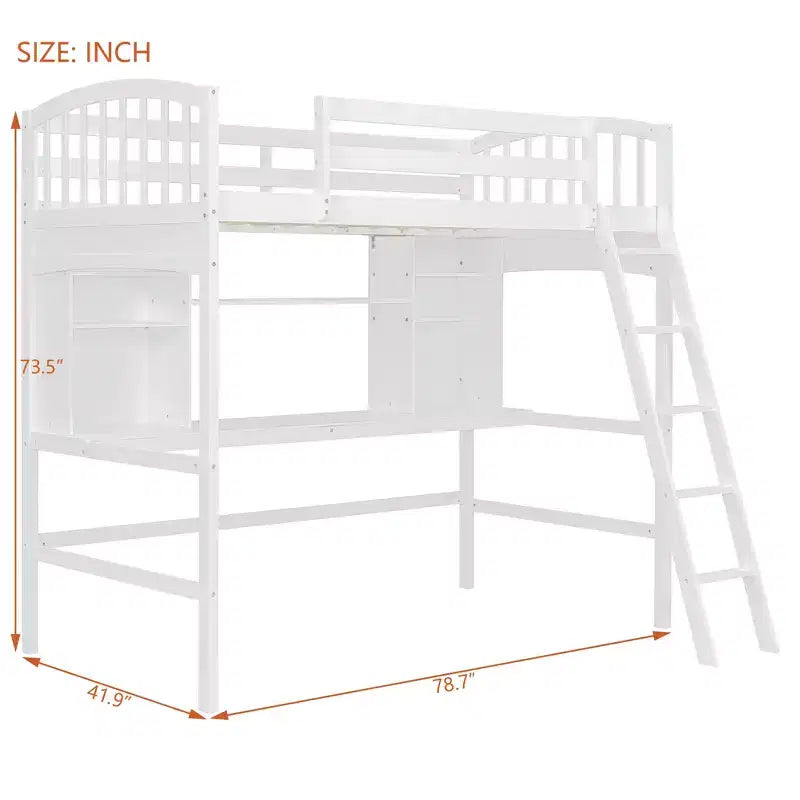 Twin size Loft Bed with Storage Shelves, Desk and Ladder - ModernLuxe