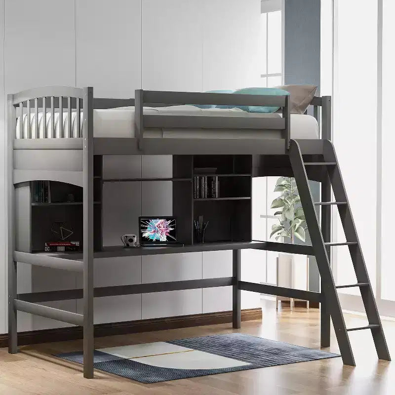Twin size Loft Bed with Storage Shelves, Desk and Ladder - ModernLuxe