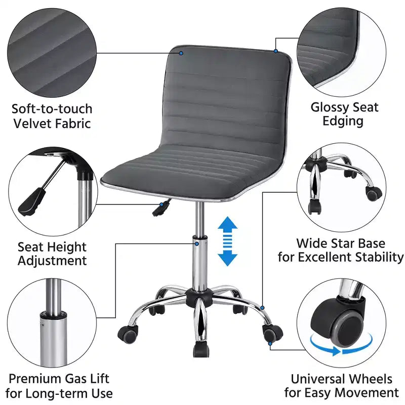 Yaheetech Velvet Low Back Armless Desk Chair Office Chair with Wheels