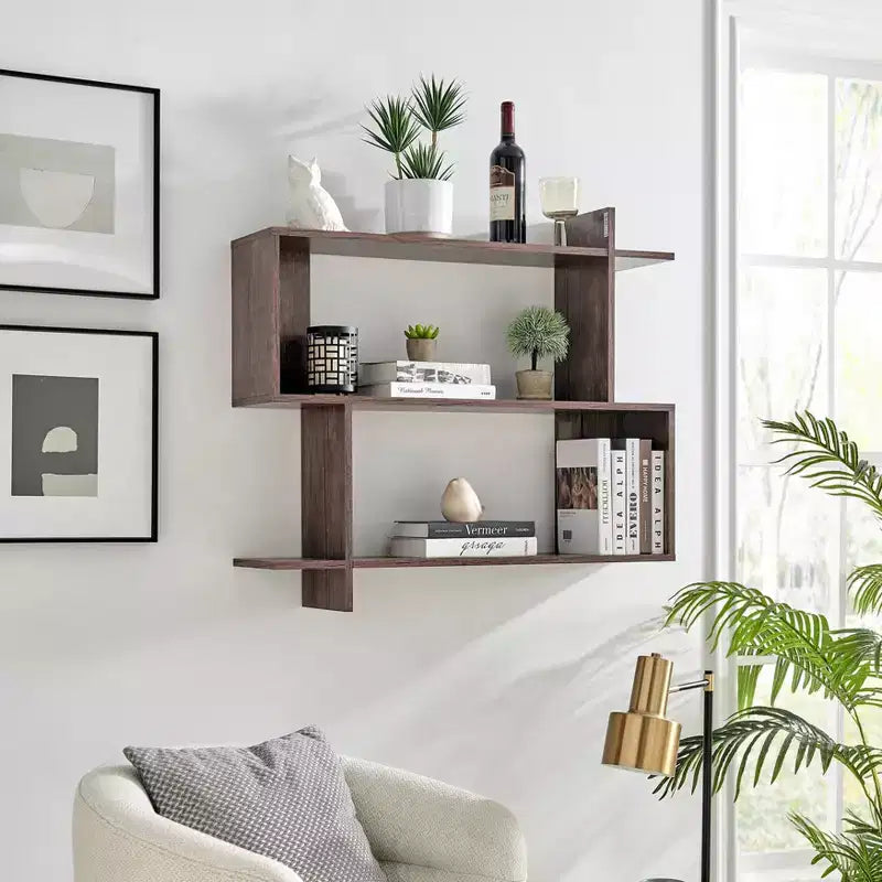 35.4 x 32 Manasa Floating Geometric Kilter 2 Tier Wall Shelf - Danya B.